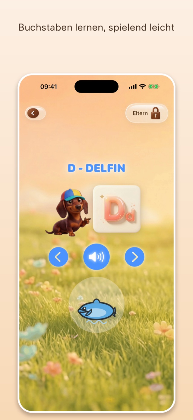 App-Bildschirm: der Buchstabe D mit dem Wort Delfin, illustriert und mit klarer Stimme vorgesprochen