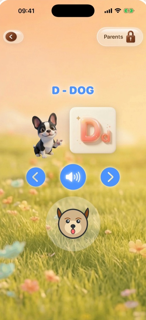 App screen displaying letter practice in Little Woof