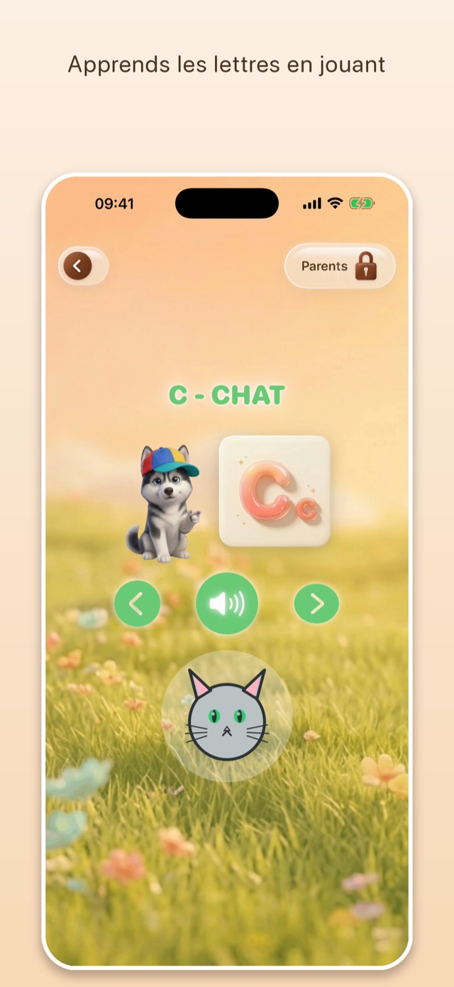 Écran de l'app : la lettre C avec le mot chat, illustrée et prononcée d'une voix claire