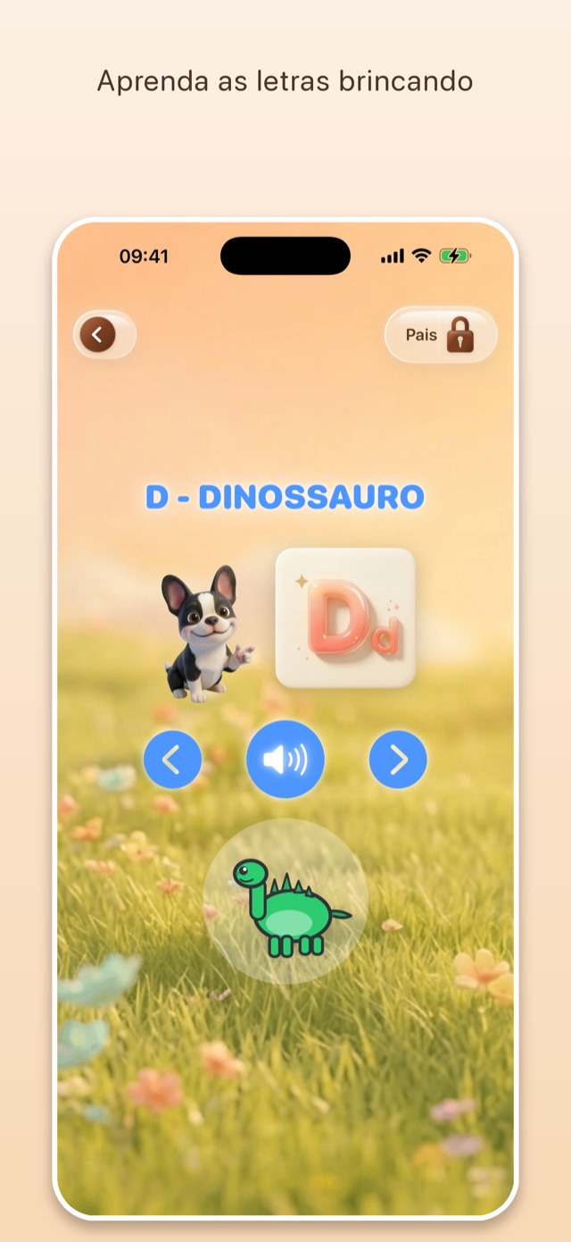Tela do app: a letra D com a palavra dinossauro, ilustrada e pronunciada com voz clara