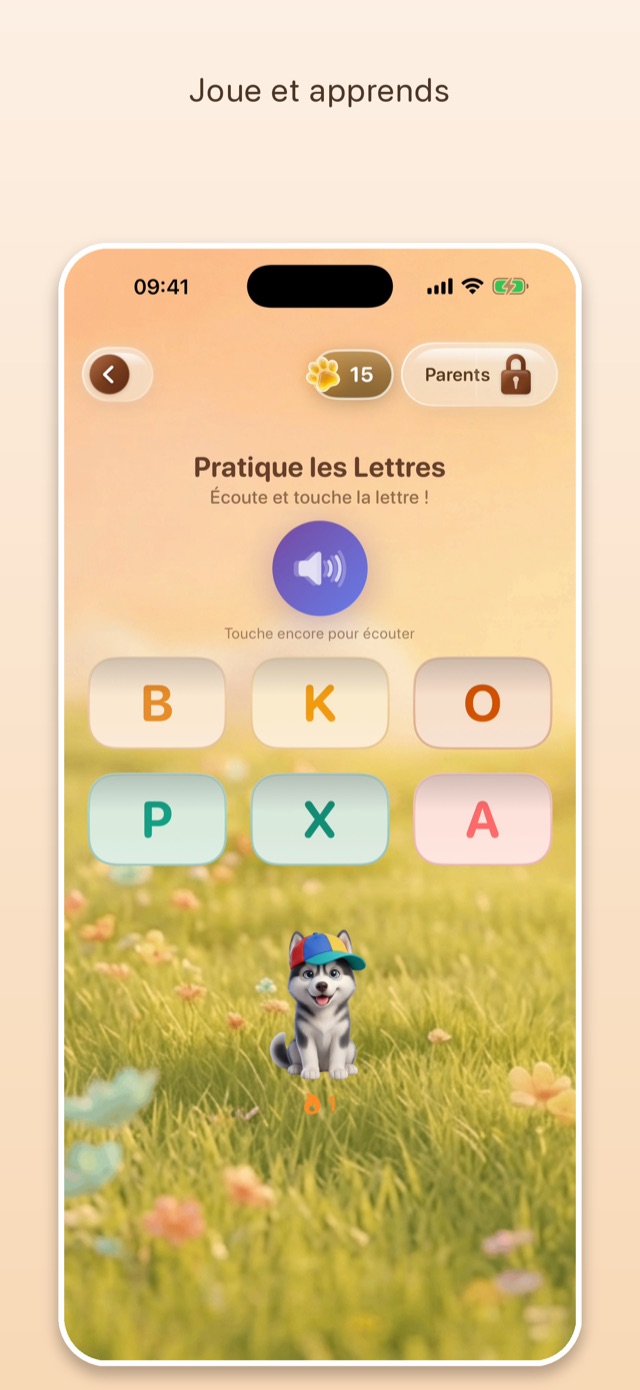 Écran de l'app : jeu Entraîne-toi aux lettres — écoute la lettre et touche la bonne réponse