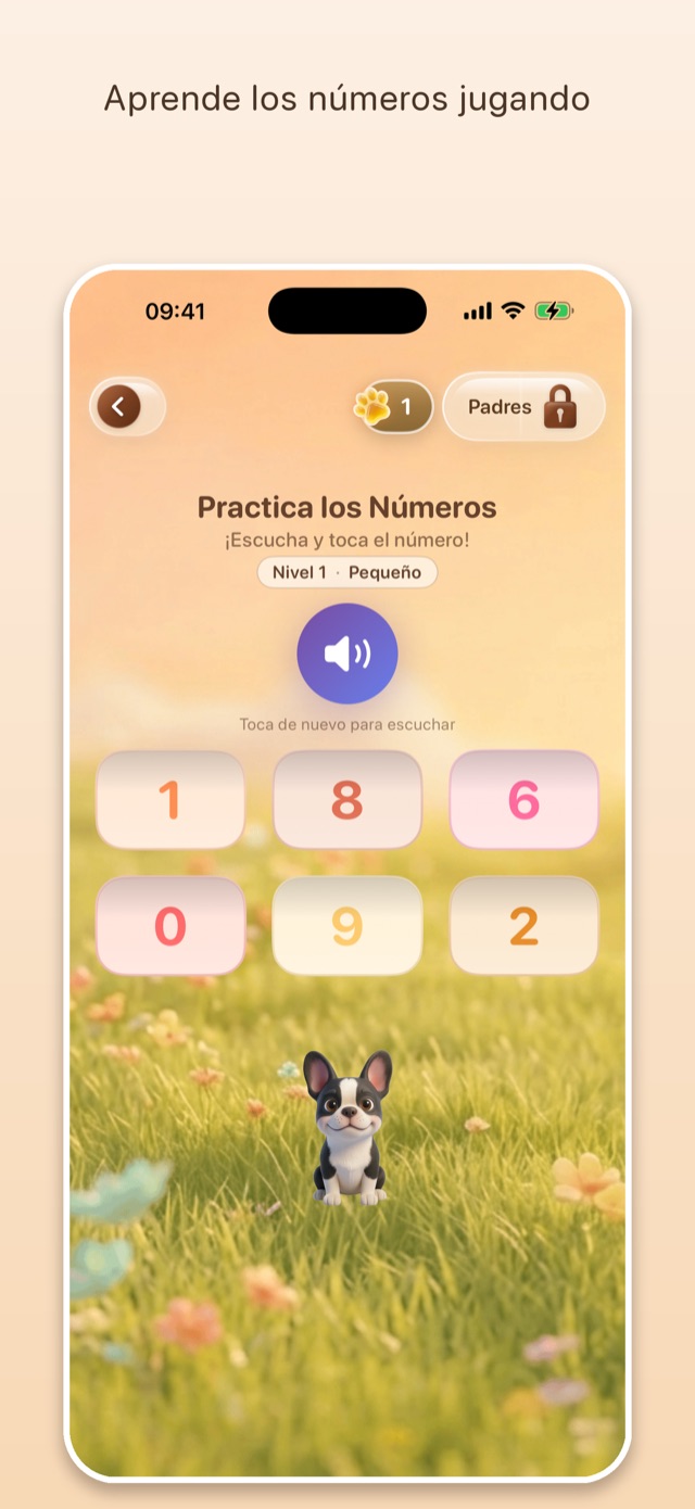 Pantalla de la app: juego Practica los Números, nivel Pequeño — escucha el número y toca la respuesta correcta