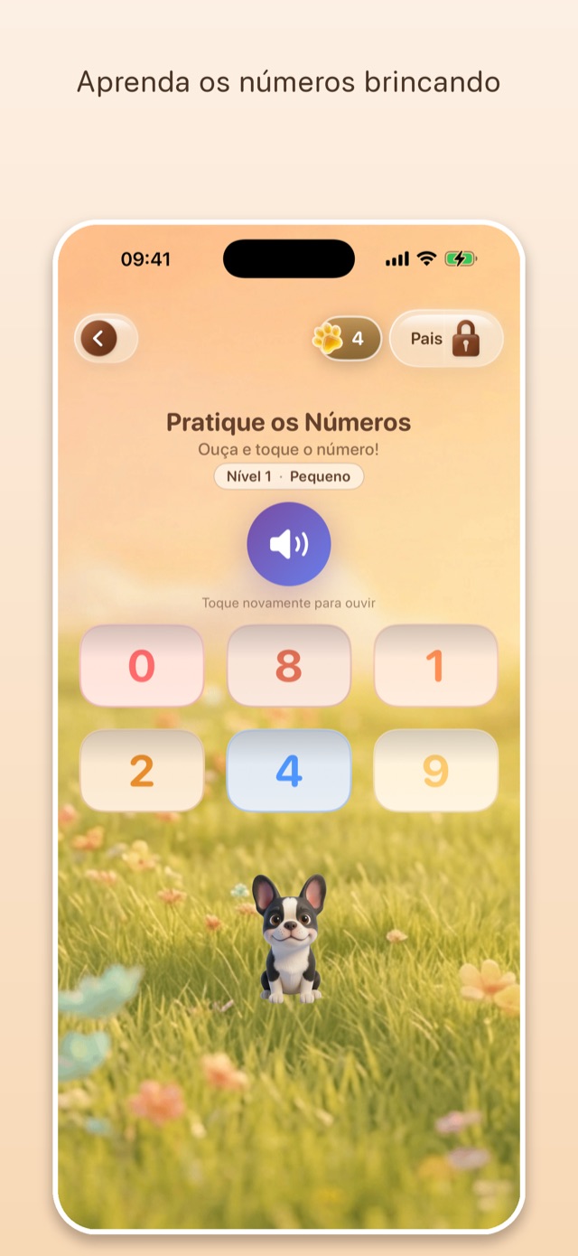 Tela do app: jogo Pratique os Números, nível Pequeno — ouça o número e toque na resposta certa