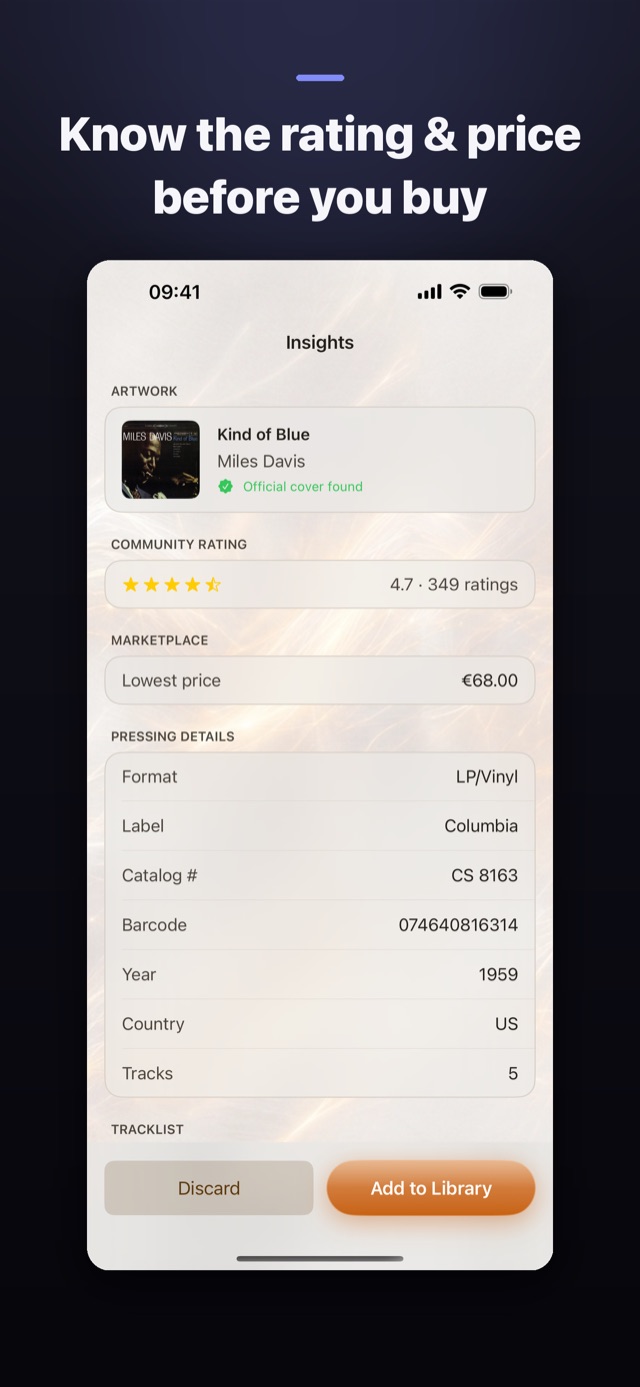 The Insights screen for Kind of Blue showing community rating, lowest marketplace price and pressing details