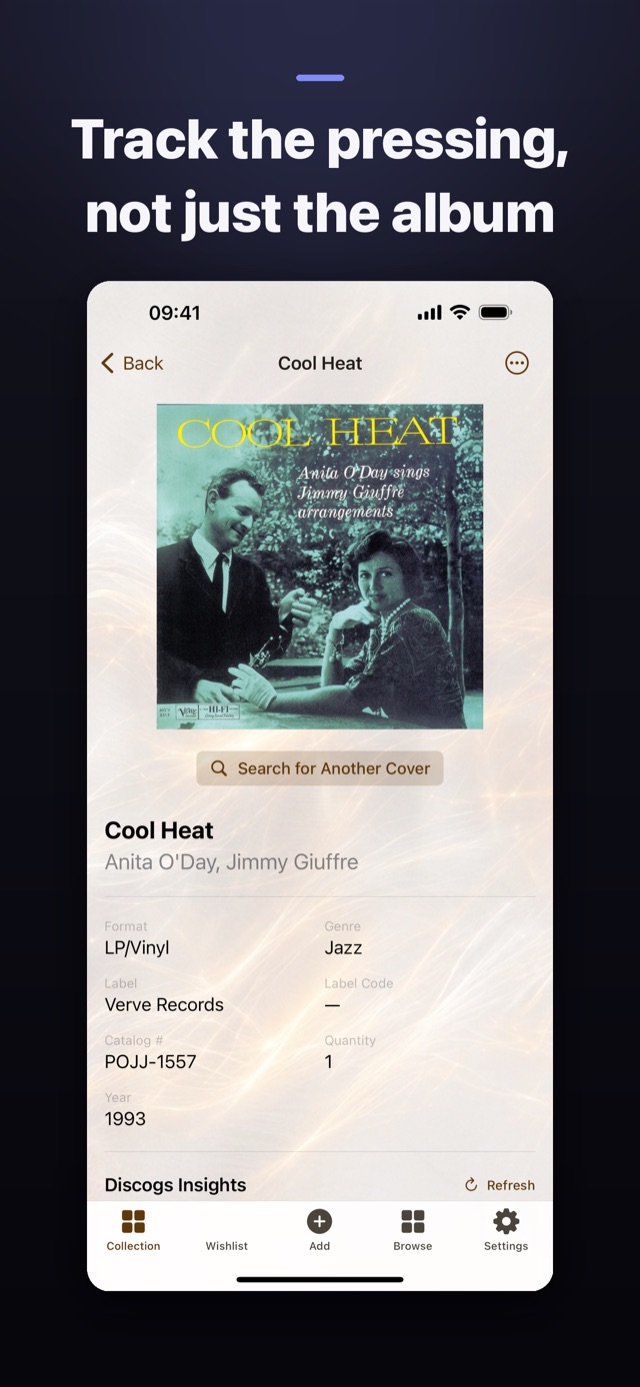 Disc detail screen for Cool Heat showing format, label, catalog number and year for one pressing