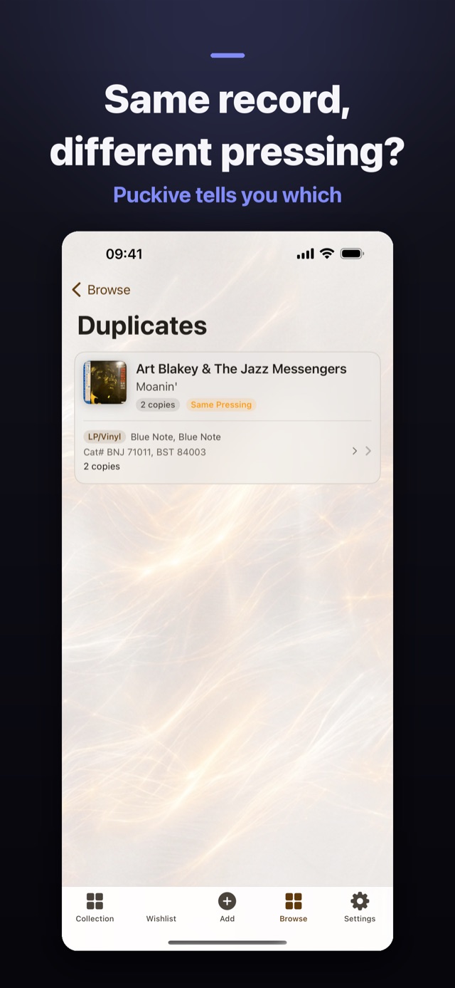 The Duplicates view listing a record with two copies and a Same Pressing badge