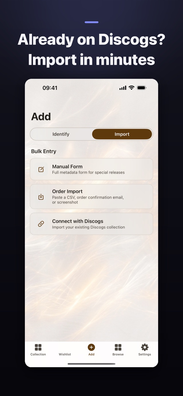 The Add tab with Discogs connection and CSV import options